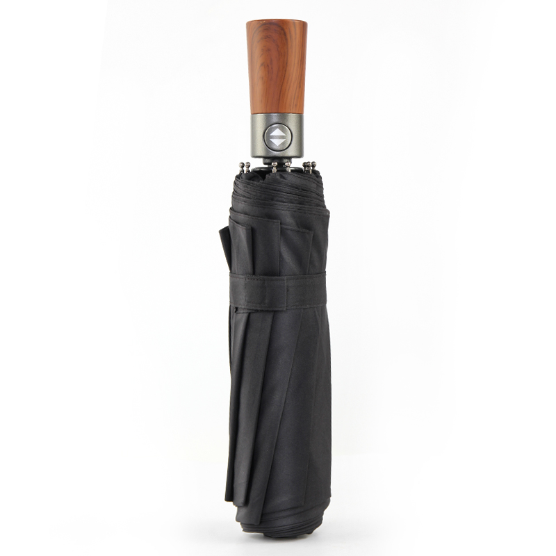 Automatic 3 Folding Umbrella with Wooden Handle