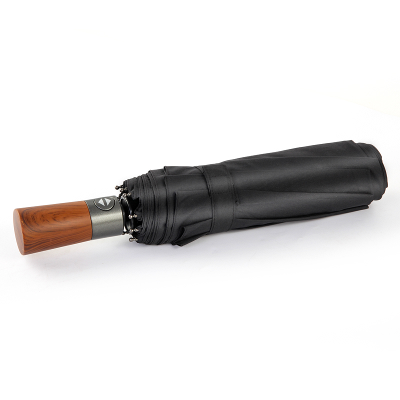 Automatic 3 Folding Umbrella with Wooden Handle